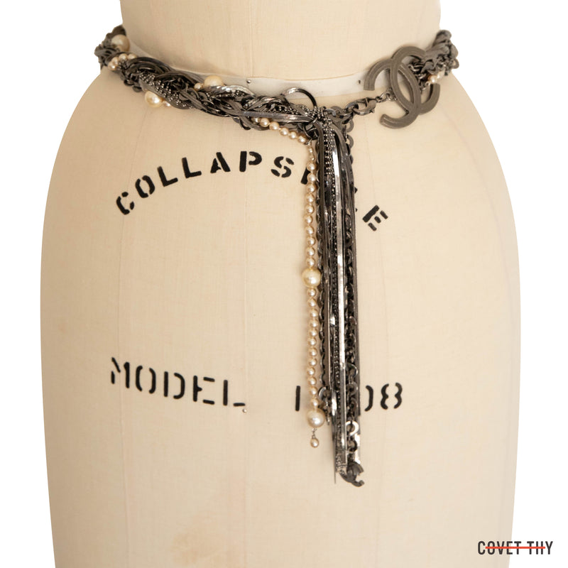Size 85 Double CC Chanel Belt in Gunmetal with Braided Chain